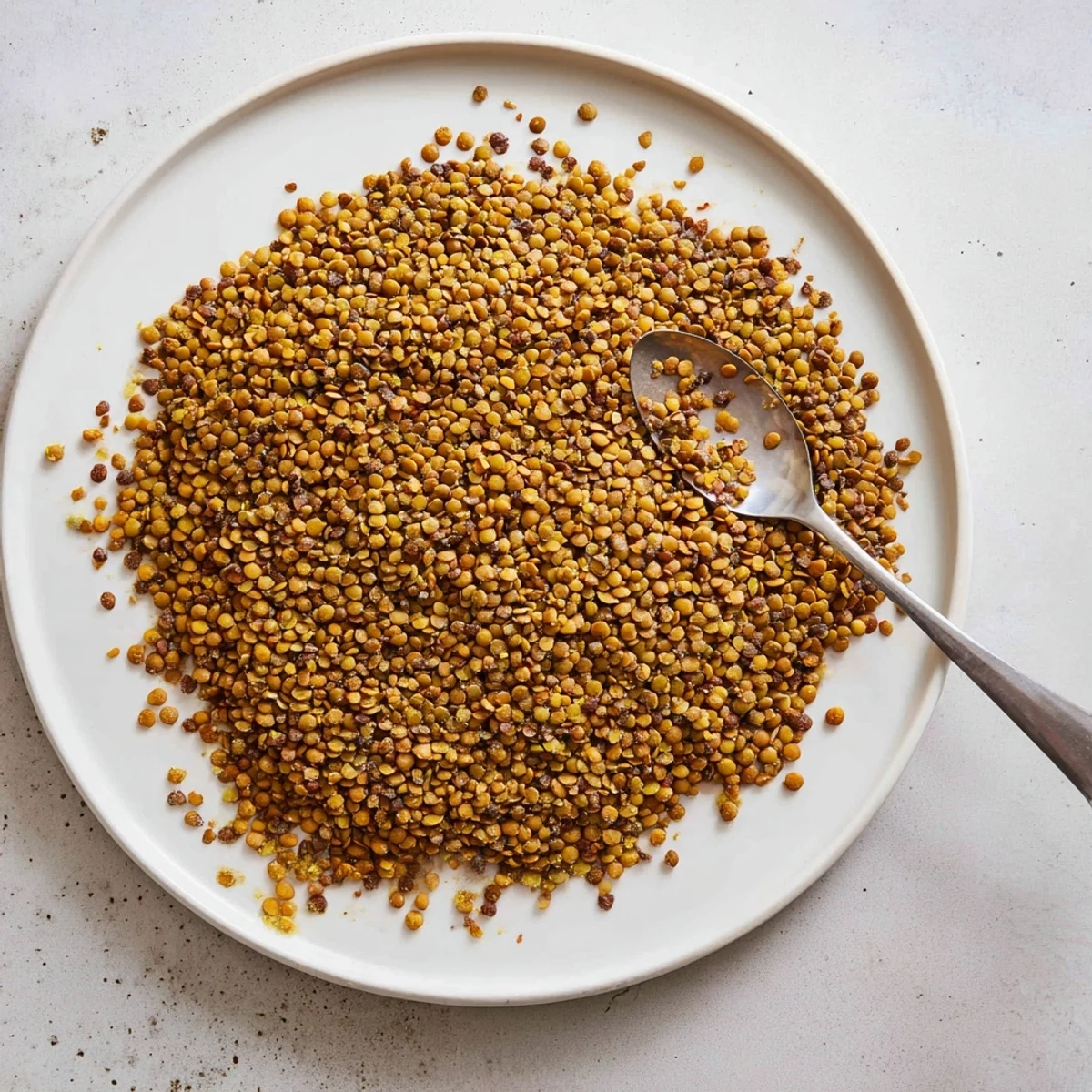 Golden brown crispy roasted lentils sprinkled with smoky spices on a white baking sheet