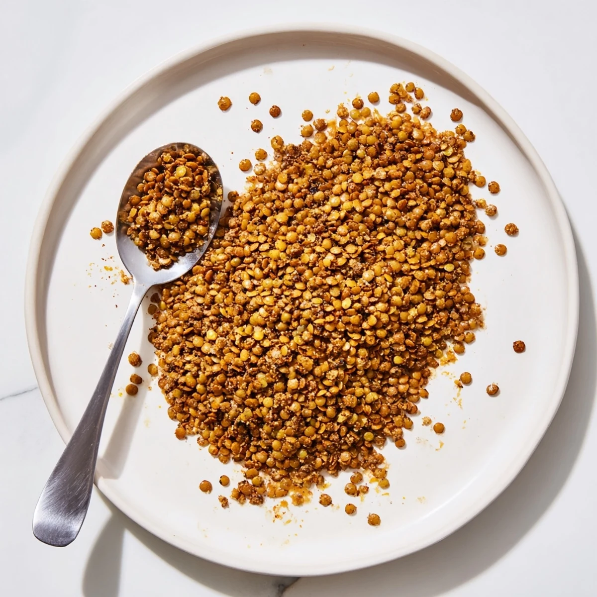 Bowl of crunchy seasoned lentils alongside wooden spoon and spice jar ingredients