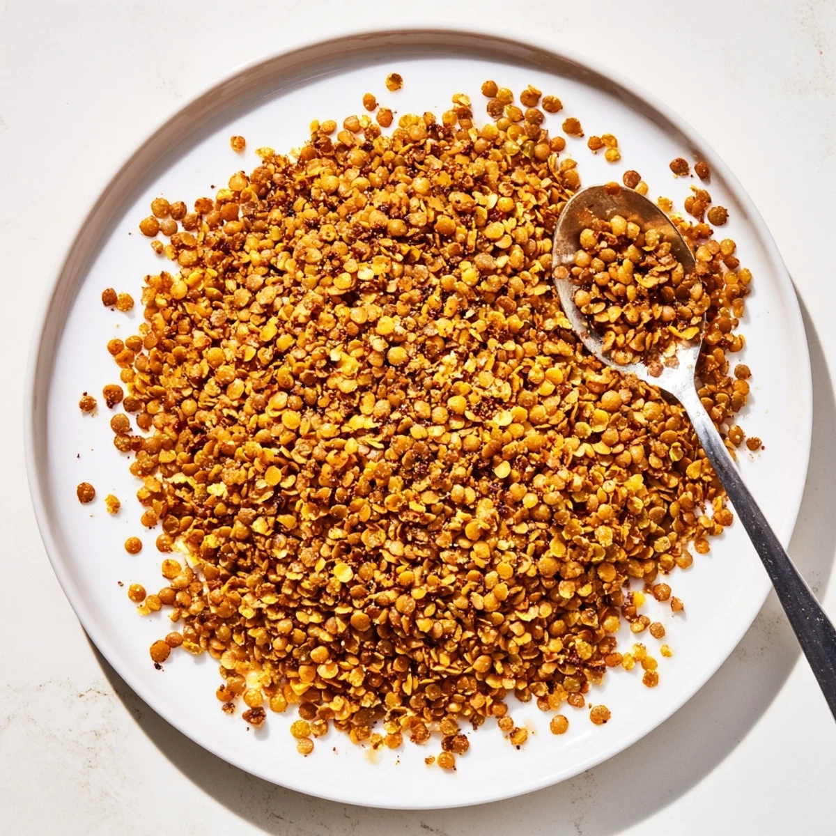 Close-up of perfectly roasted spiced lentils scattered on parchment paper ready for snacking