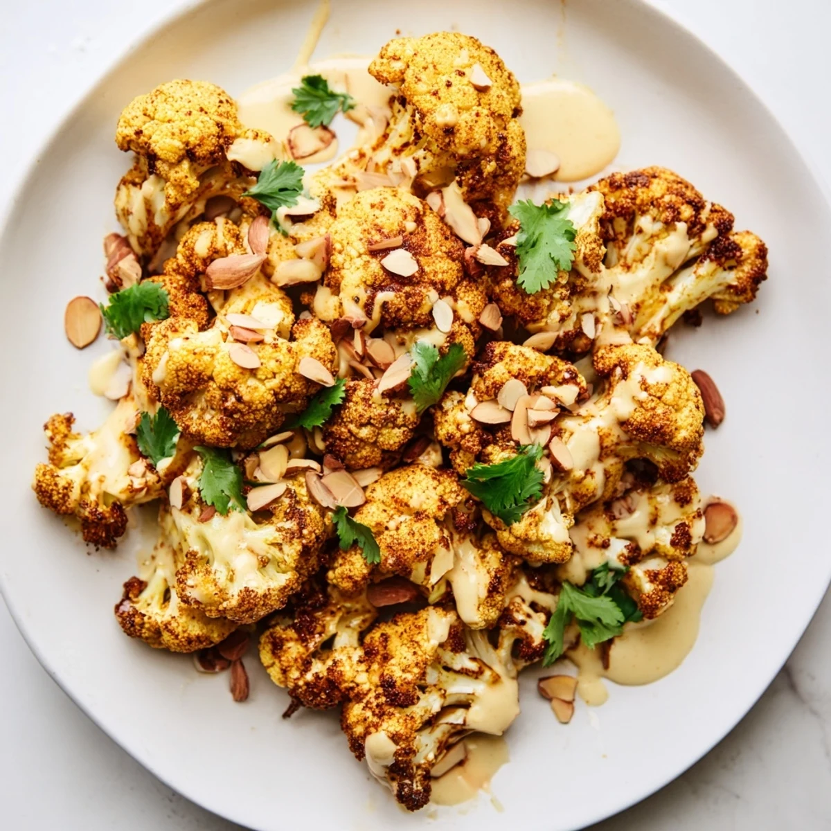 Golden Moroccan cauliflower drizzled with creamy tahini honey sauce and fresh cilantro garnish