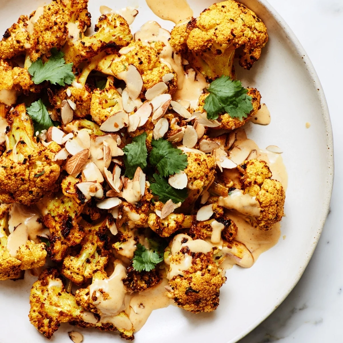 Crispy baked Moroccan cauliflower with tahini honey glaze served on white serving platter