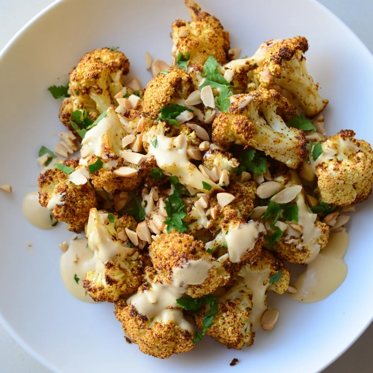 Roasted cauliflower florets spiced with Moroccan flavors and topped with sweet honey tahini