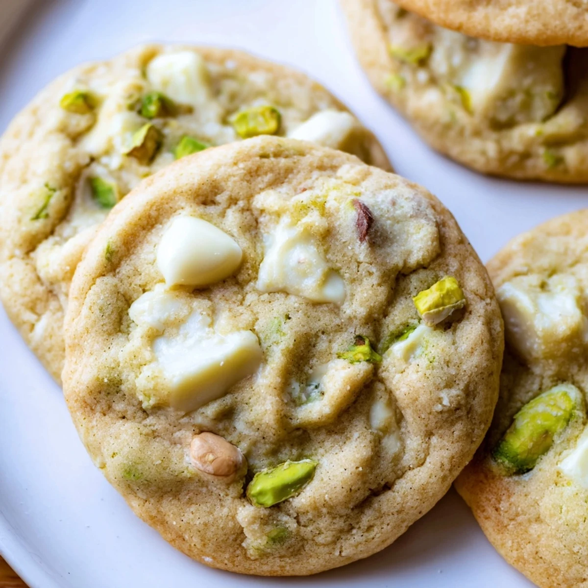 Golden brown white chocolate pistachio cookies stacked on a rustic wooden board
