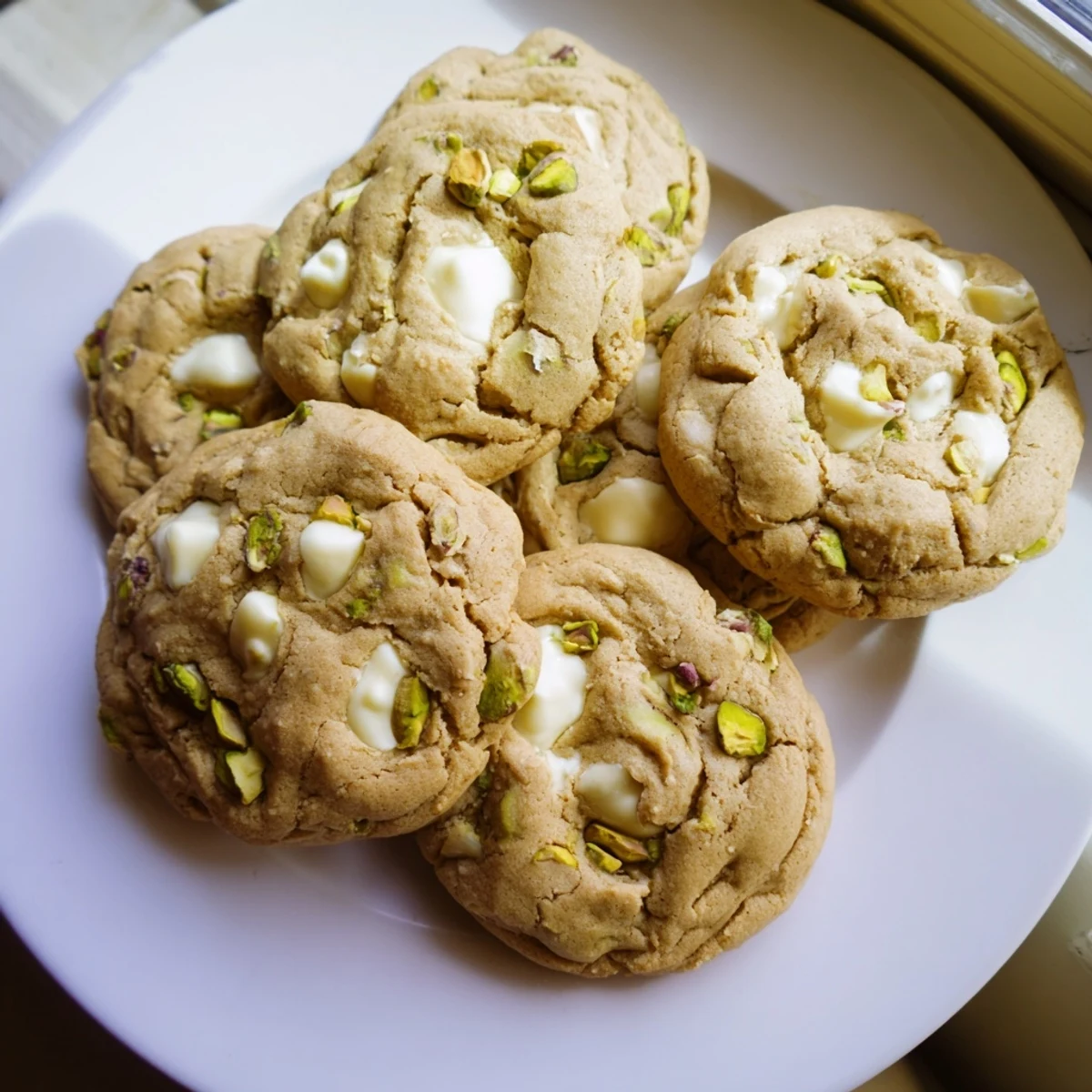 Chewy homemade white chocolate pistachio cookies with melted chunks and green nut speckles