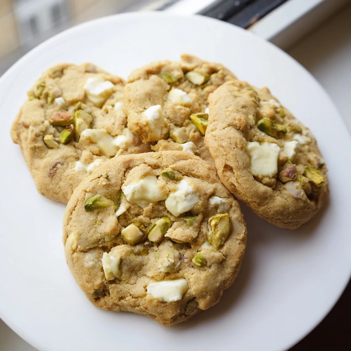 Freshly baked white chocolate pistachio cookies cooling on wire rack with soft centers