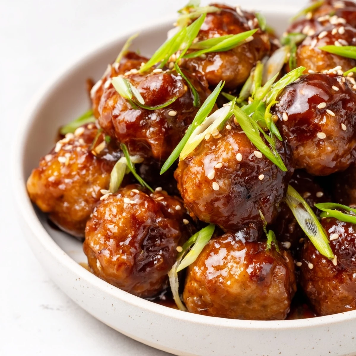 Golden brown Japanese chicken meatballs glazed in sticky homemade teriyaki sauce with sesame seeds