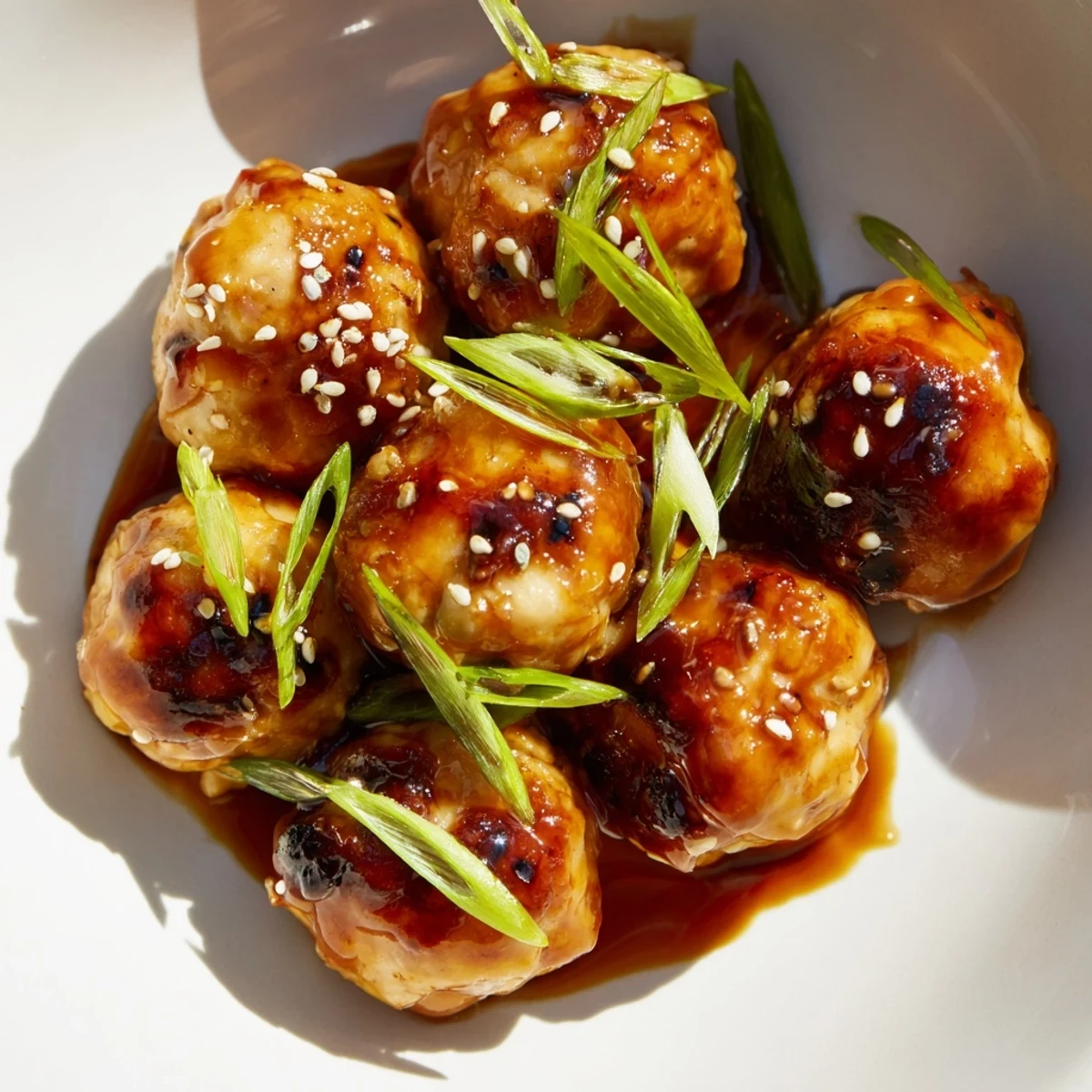 Juicy teriyaki chicken meatballs arranged on a white plate garnished with fresh sliced green onions