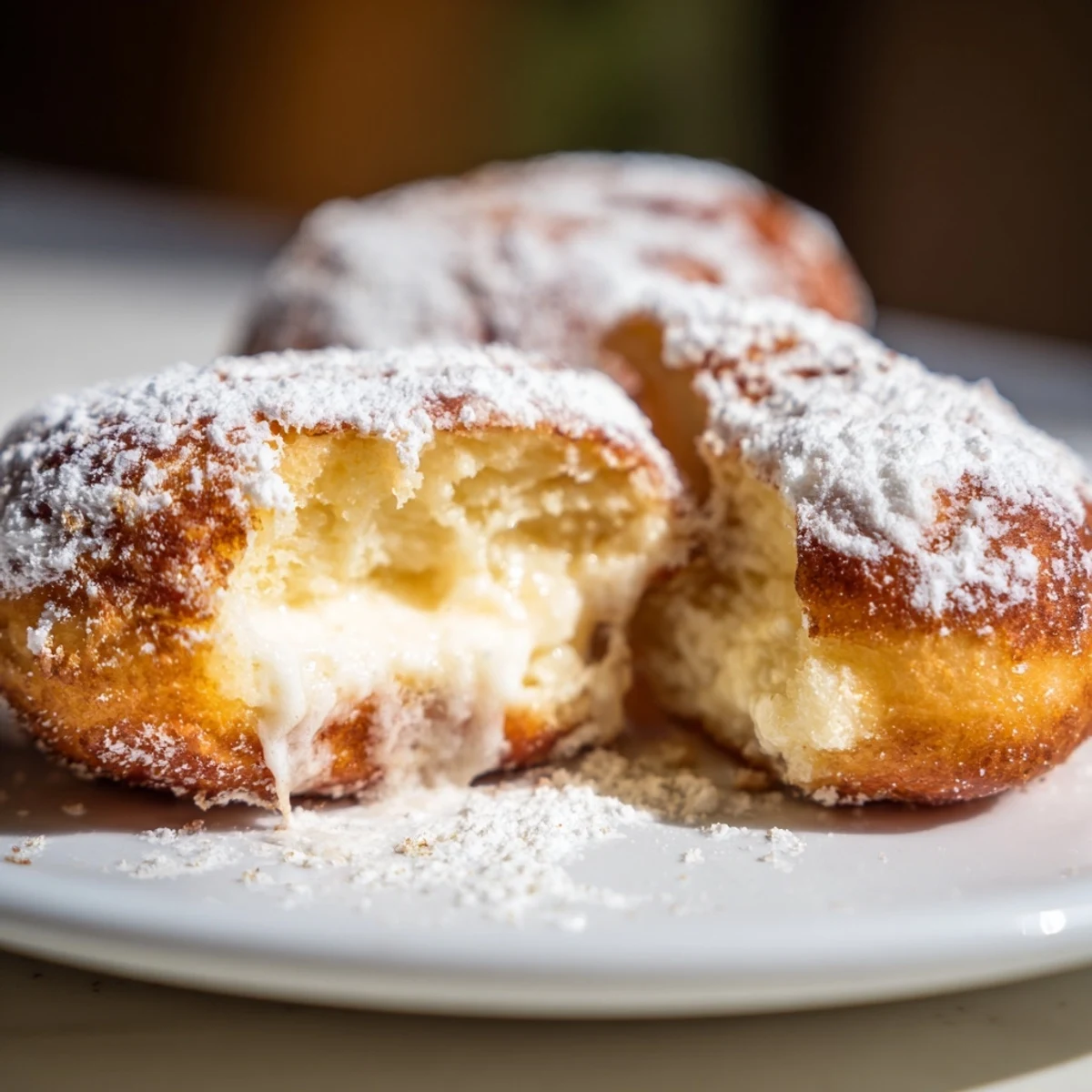 Soft pillowy fried donuts filled with sweet milk cream and coated in sugar