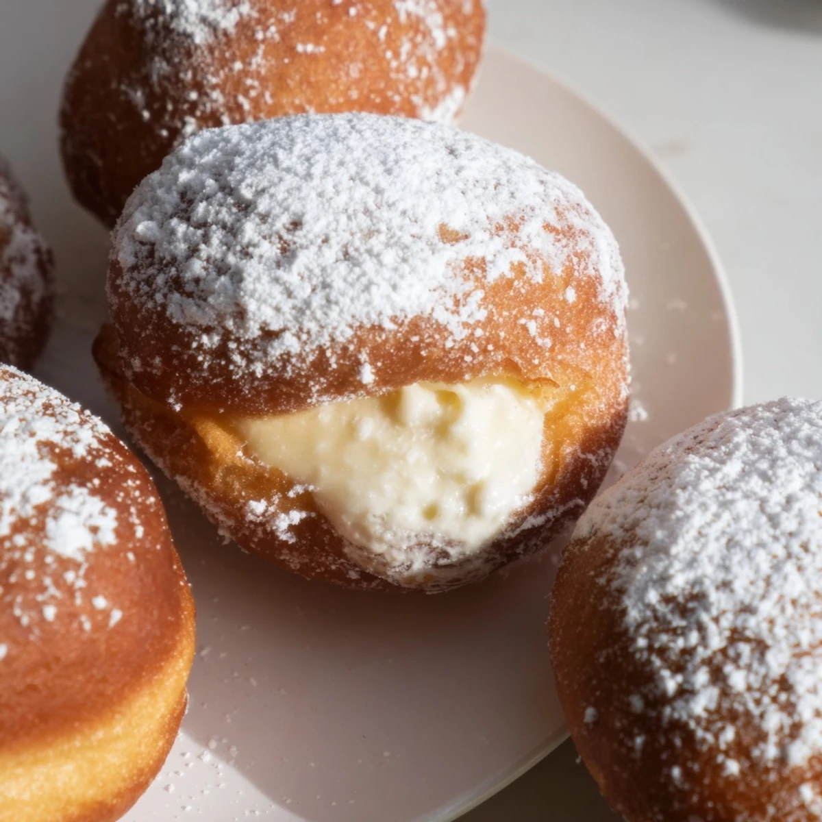 Golden brown Korean milk cream donuts dusted with powdered sugar on a white plate