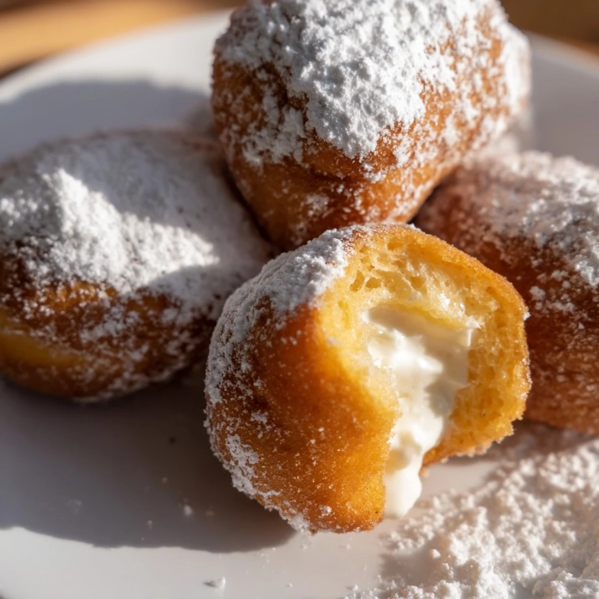 Plate of Korean milk cream donuts with white cream filling peeking through golden crust