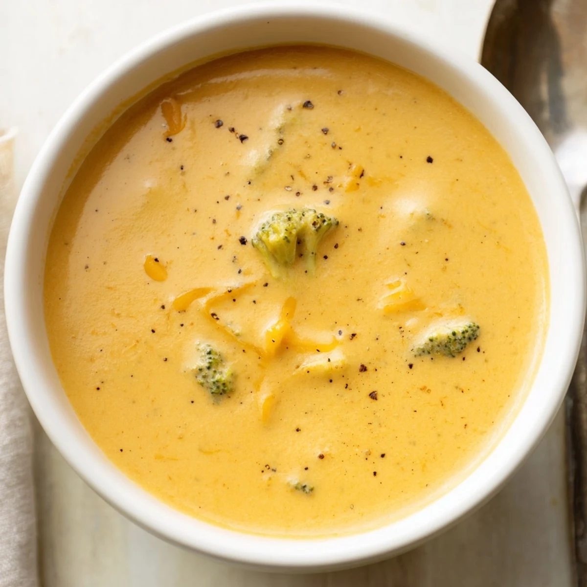 Velvety broccoli cheddar soup steaming in a white bowl with broccoli florets