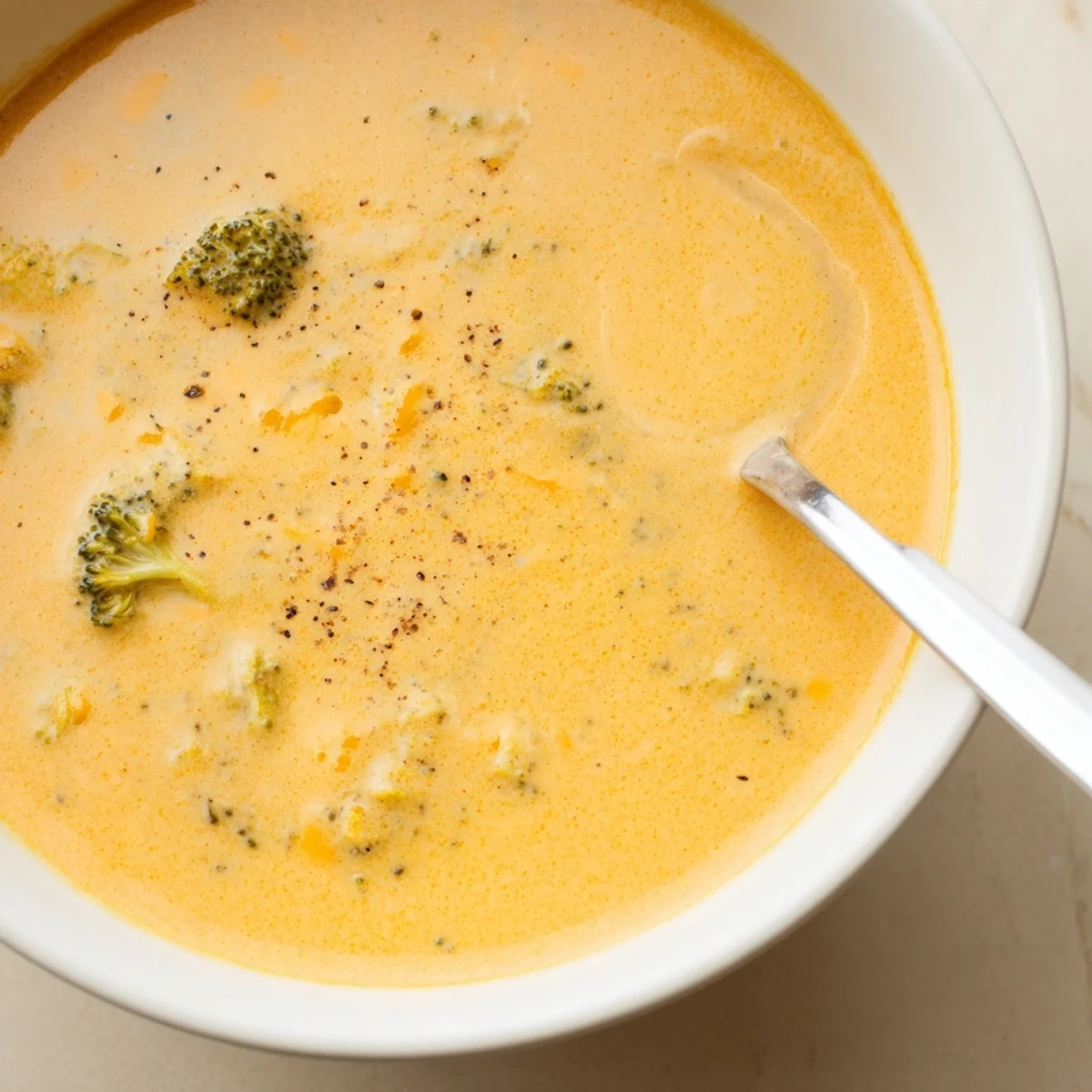 Rich homemade broccoli cheddar soup ladled into rustic bowl with crusty bread slice