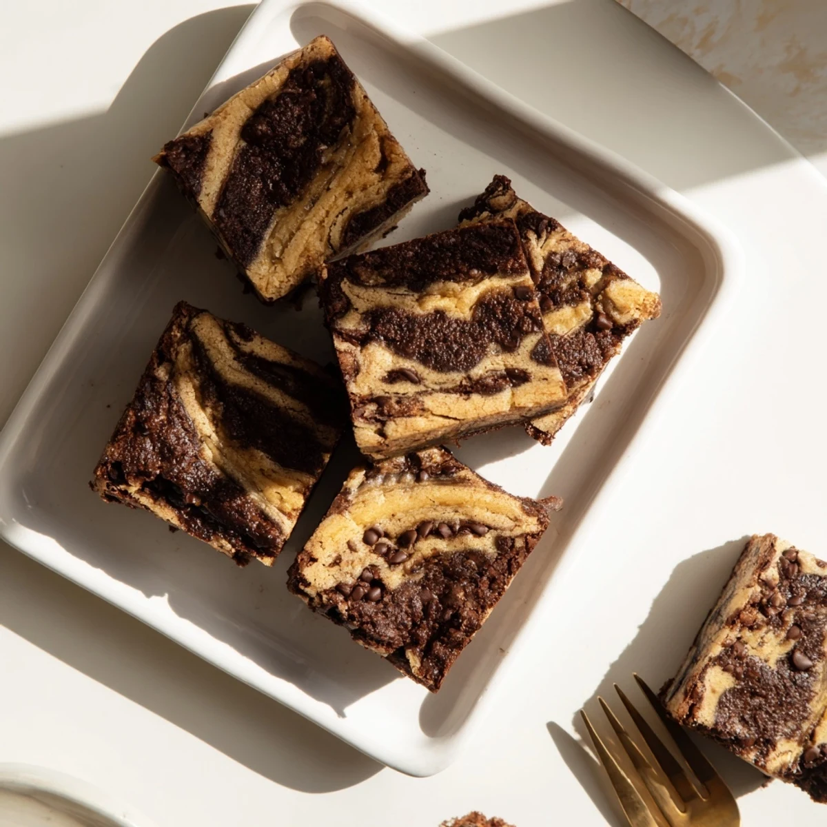 Golden banana bread brownie bars with marbled chocolate swirls and melted chocolate chips on a white plate