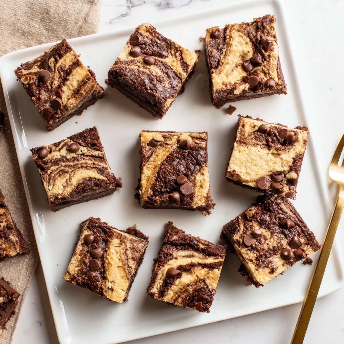 Fudgy chocolate brownie layers swirled with sweet banana bread batter, freshly sliced and ready for dessert