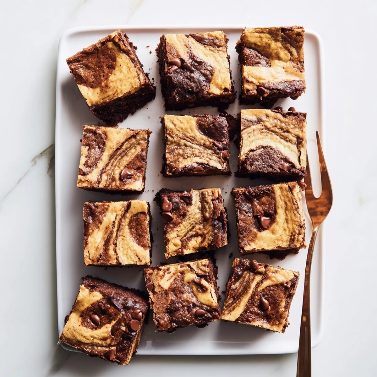 Moist banana bread brownie bars featuring a rich marble pattern of banana and chocolate textures