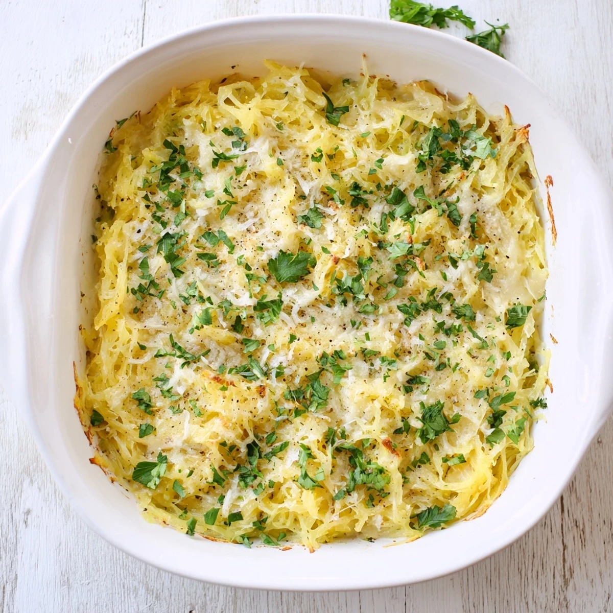 Golden bubbly Spaghetti Squash Au Gratin with melted Gruyère and Parmesan cheese topping