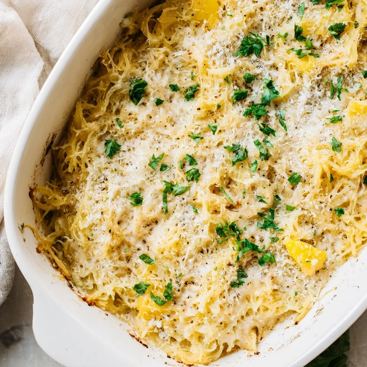Creamy low-carb Spaghetti Squash Au Gratin baked in a white ceramic serving dish