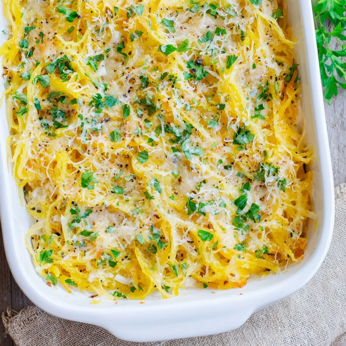 Roasted spaghetti squash strands mixed with cheese sauce in a golden brown gratin