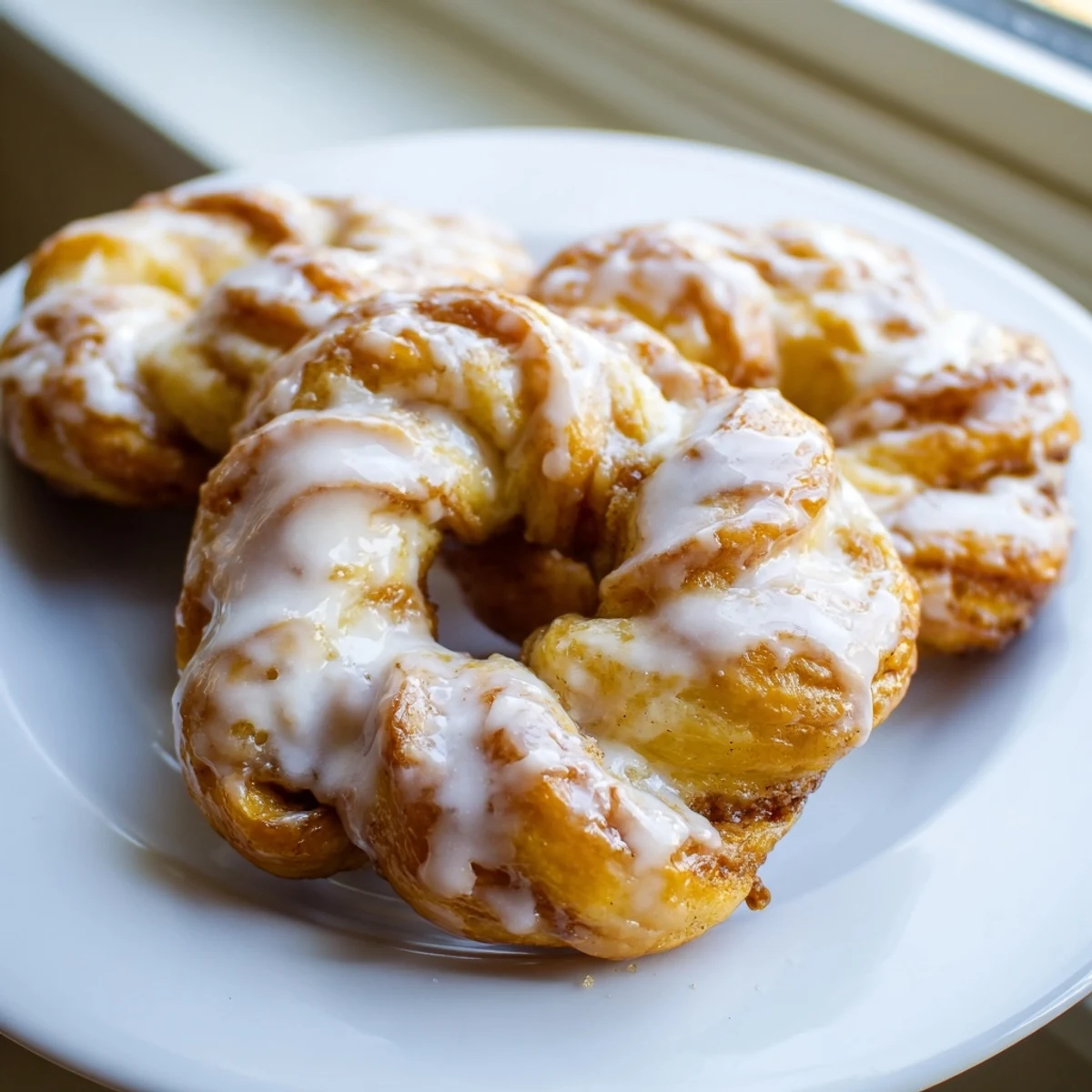 Golden sweet cinnamon twists drizzled with vanilla glaze on a white serving plate