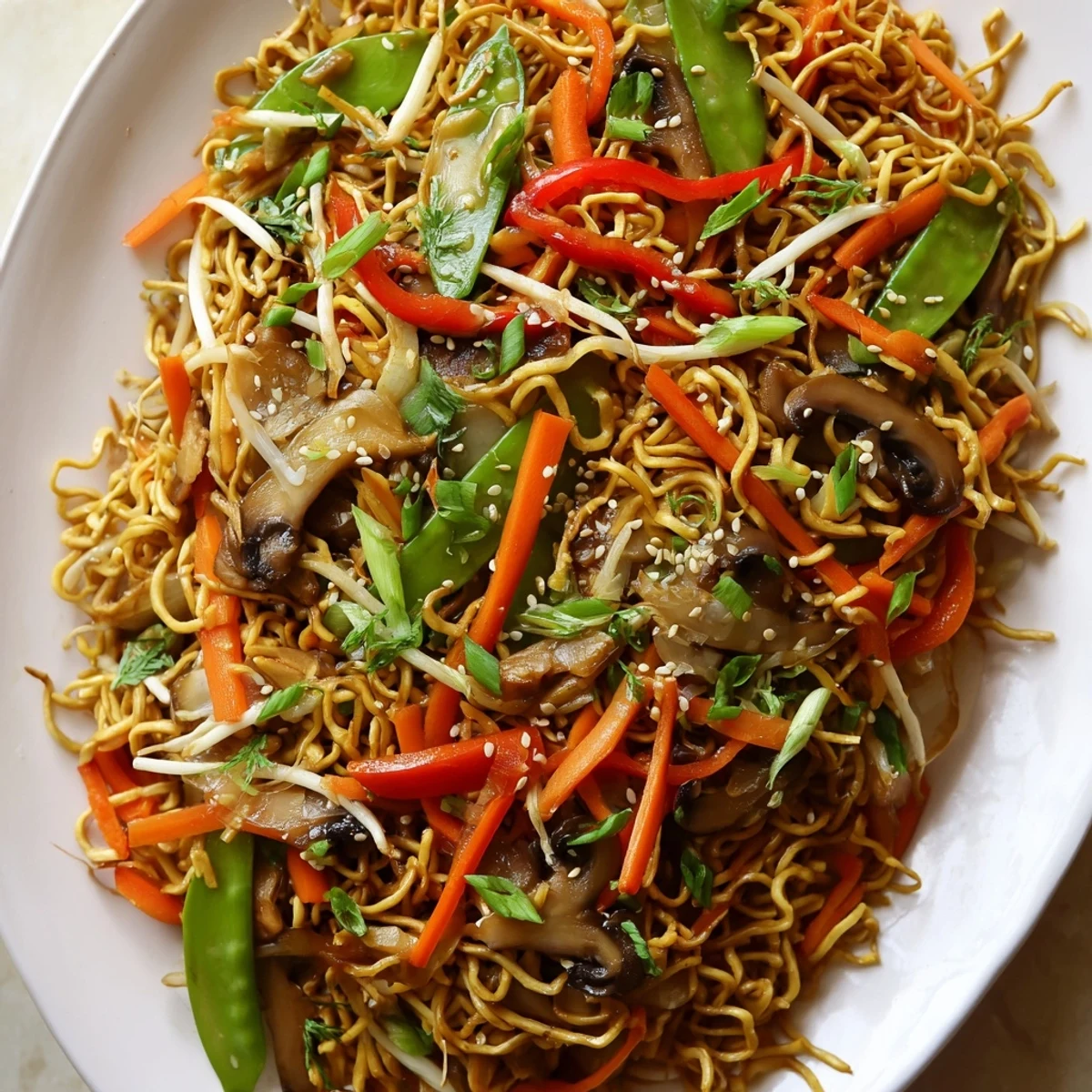 Plate of crispy noodle chow mein served with vibrant bell peppers and carrots