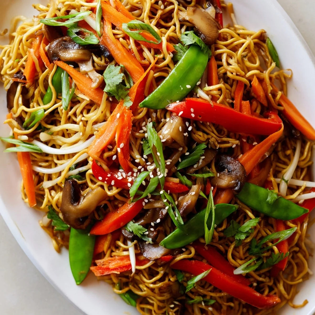Golden crispy noodles topped with colorful stir-fried vegetables in savory sauce