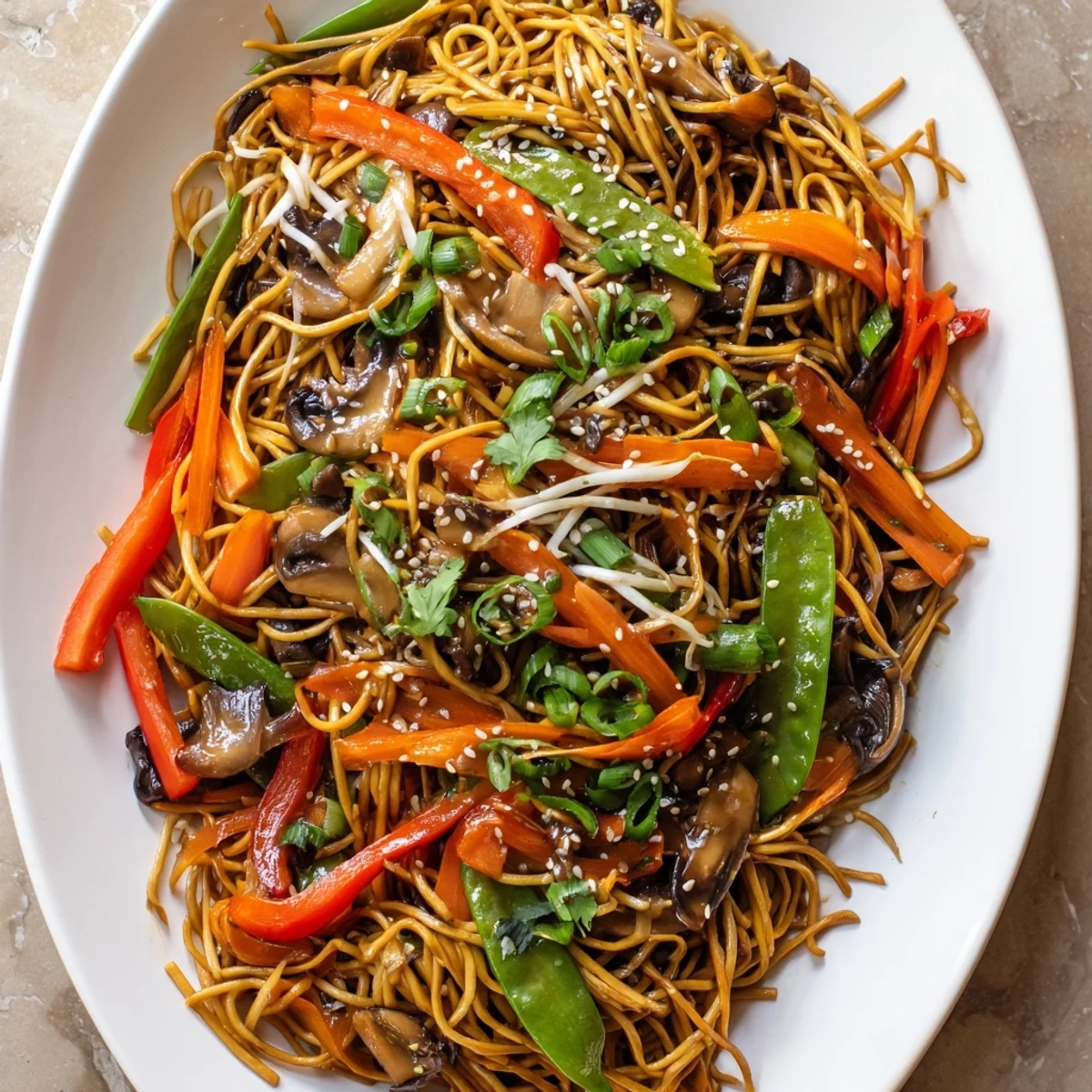 Crispy chow mein noodles tossed with tender vegetables in aromatic Asian sauce