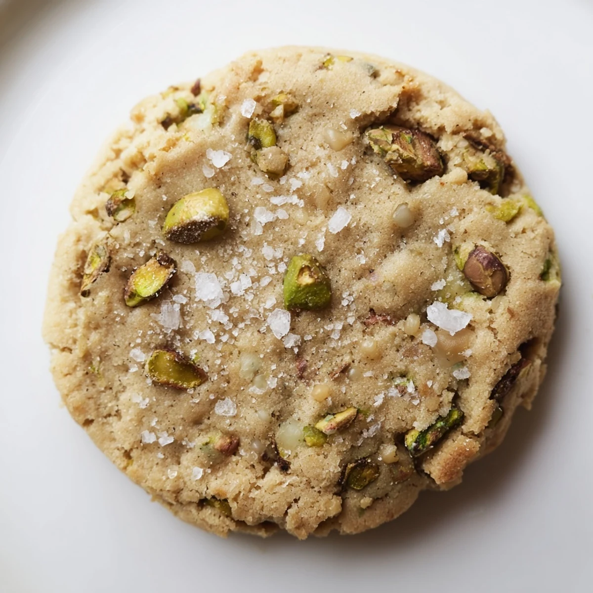 Buttery salted pistachio cookies with chopped green nuts visible on a baking sheet