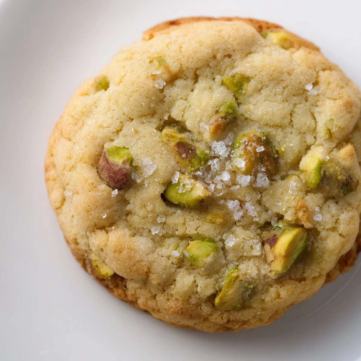 Golden brown salted pistachio cookies sprinkled with flaky sea salt on a wooden board