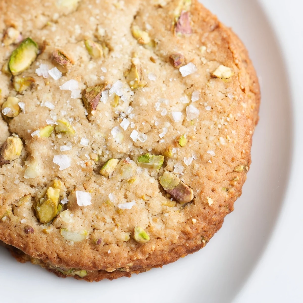 Soft-baked salted pistachio cookies topped with crunchy sea salt crystals ready for serving