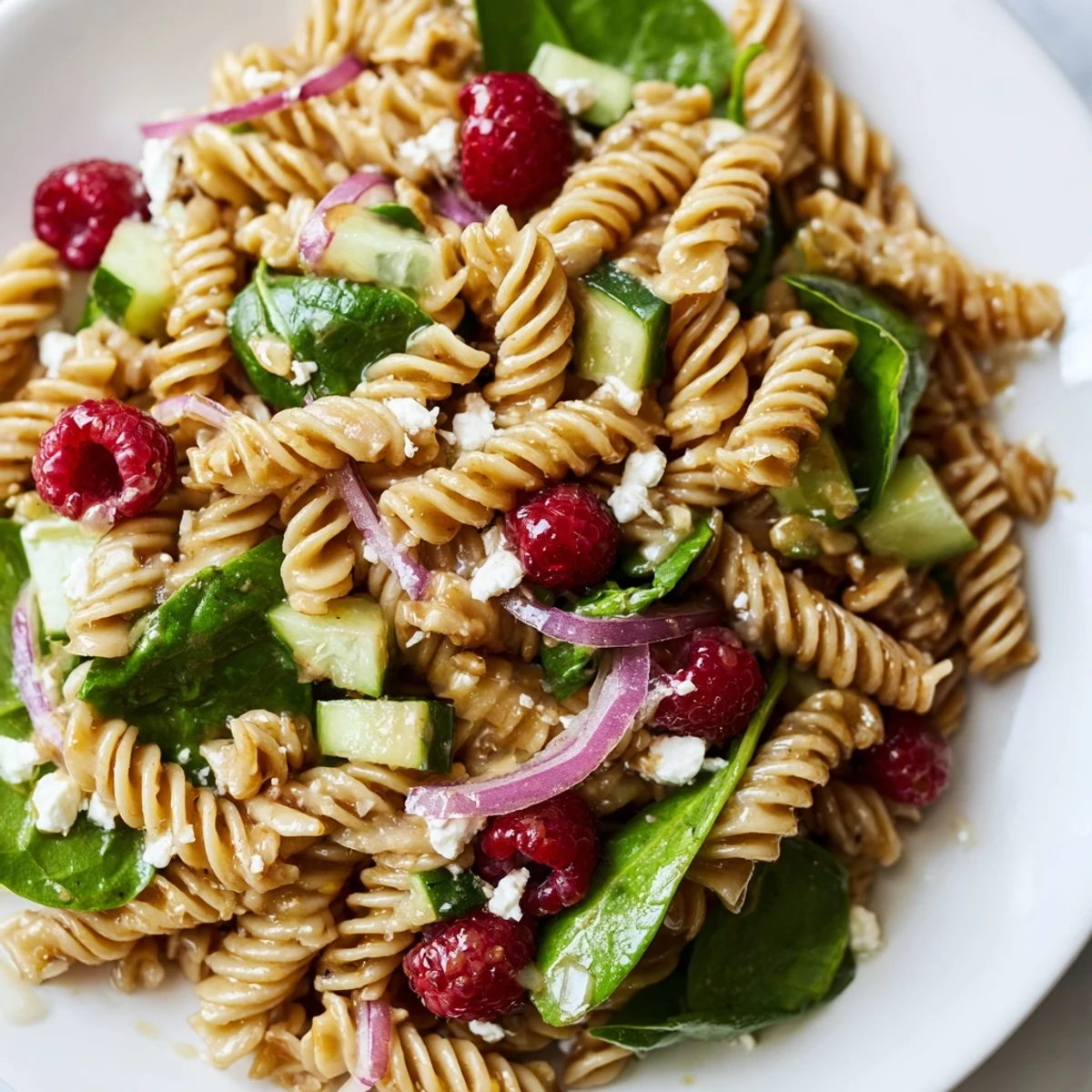 Colorful raspberry spinach feta pasta salad showcasing bright red berries and green spinach tossed with creamy white feta cheese in a large white serving bowl
