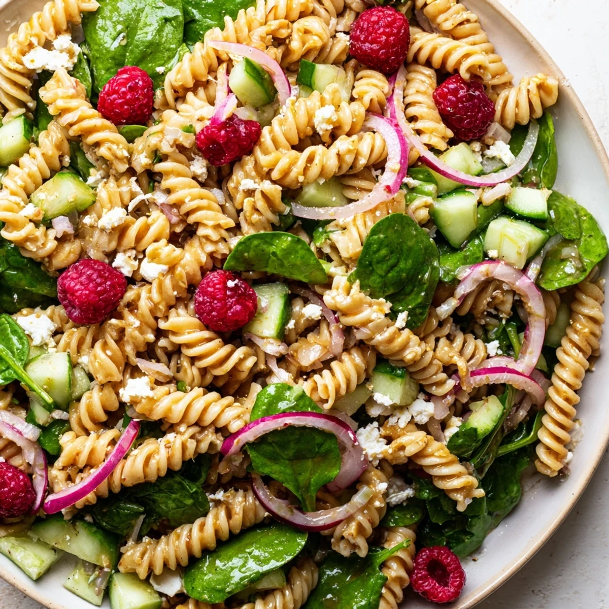 Raspberry Spinach Feta Pasta Salad