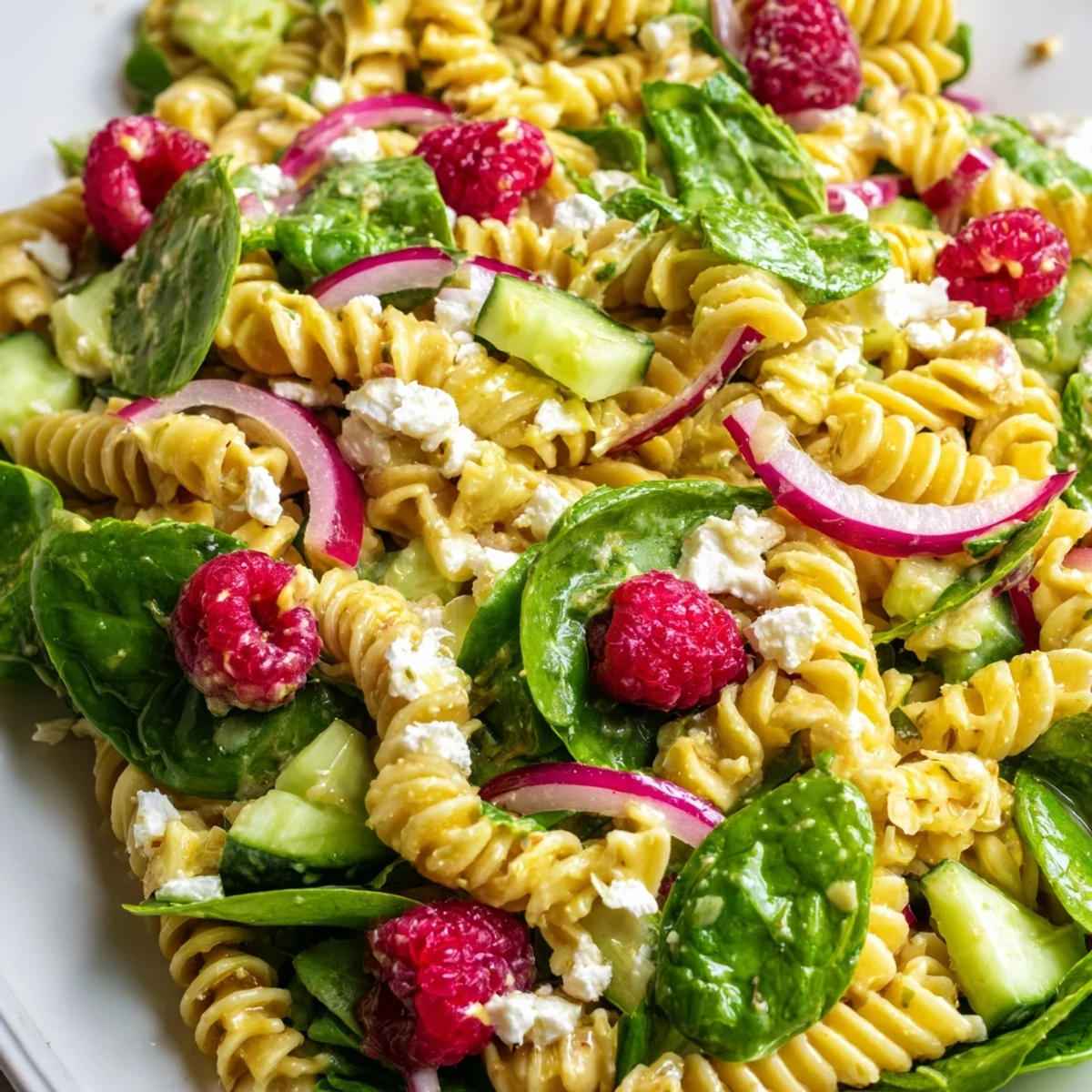 Fresh raspberry spinach feta pasta salad drizzled with tangy vinaigrette and garnished with toasted walnuts on a rustic wooden table for summer entertaining