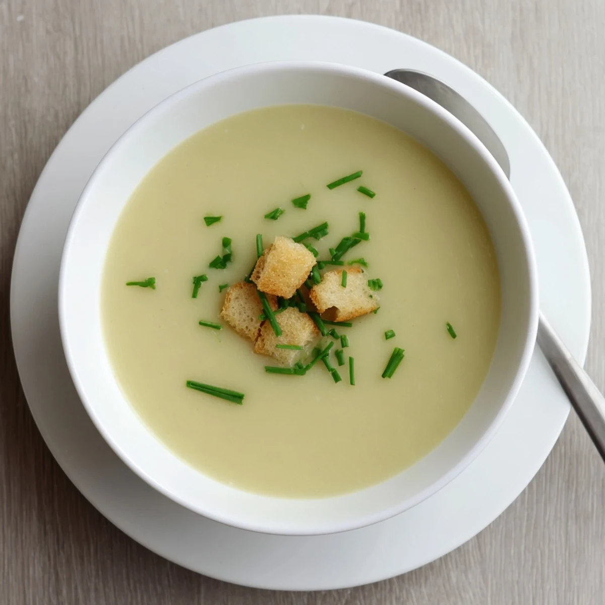 Creamy potato leek soup in a white bowl garnished with fresh green chives and crusty bread