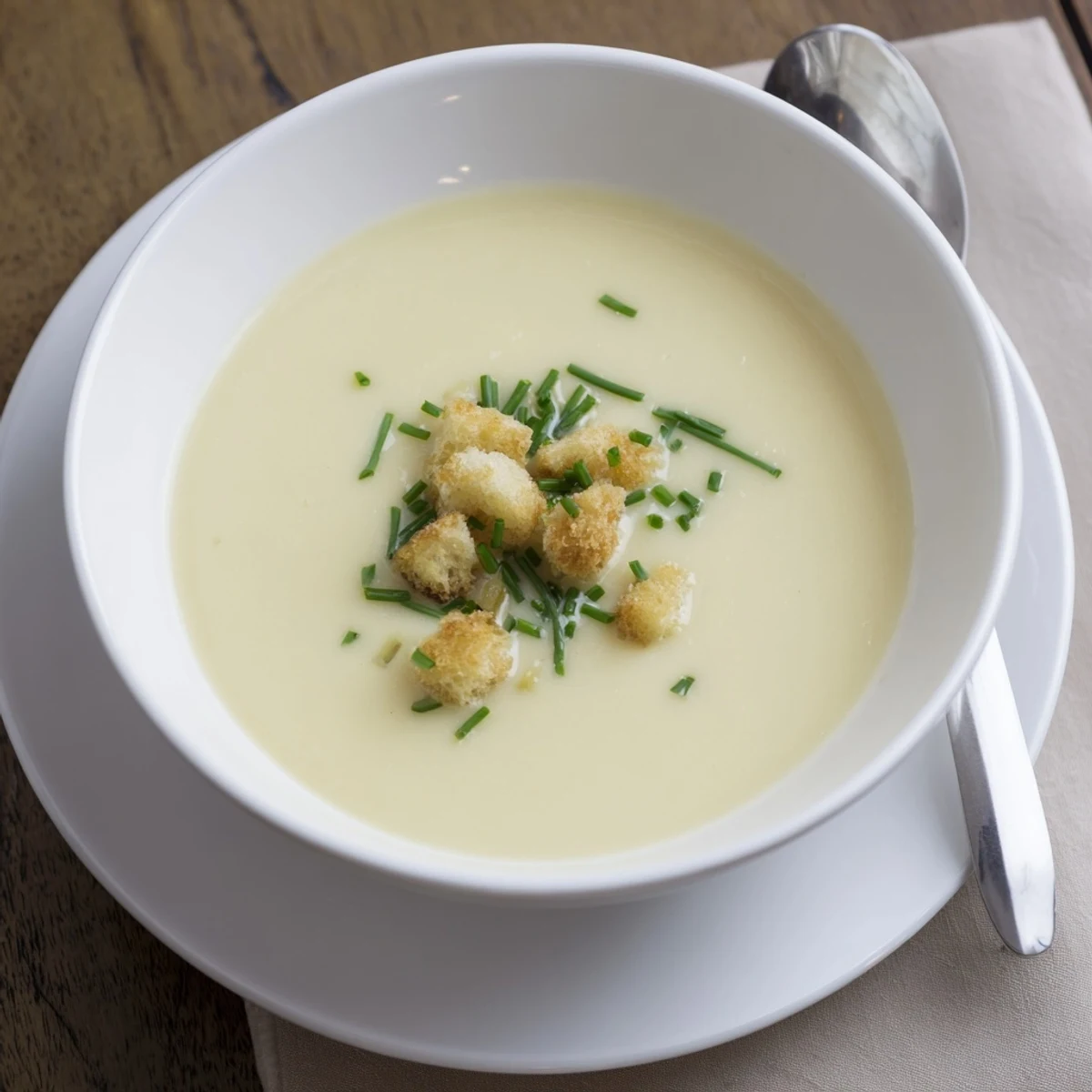Steaming hot creamy potato leek soup with chopped parsley garnish on a wooden kitchen table