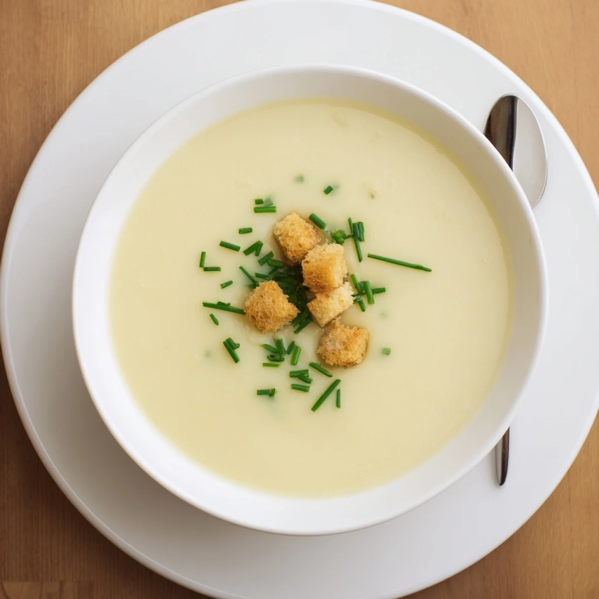 Velvety smooth potato leek soup ladled into rustic bowls with golden croutons on top