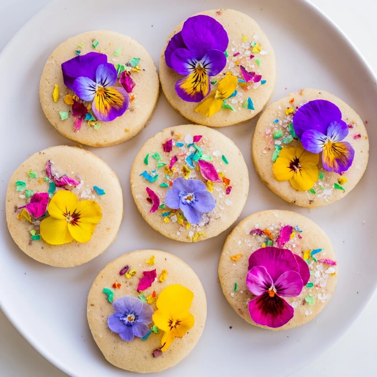 Golden spring flower shortbread cookies topped with colorful violets and pansies on a white platter