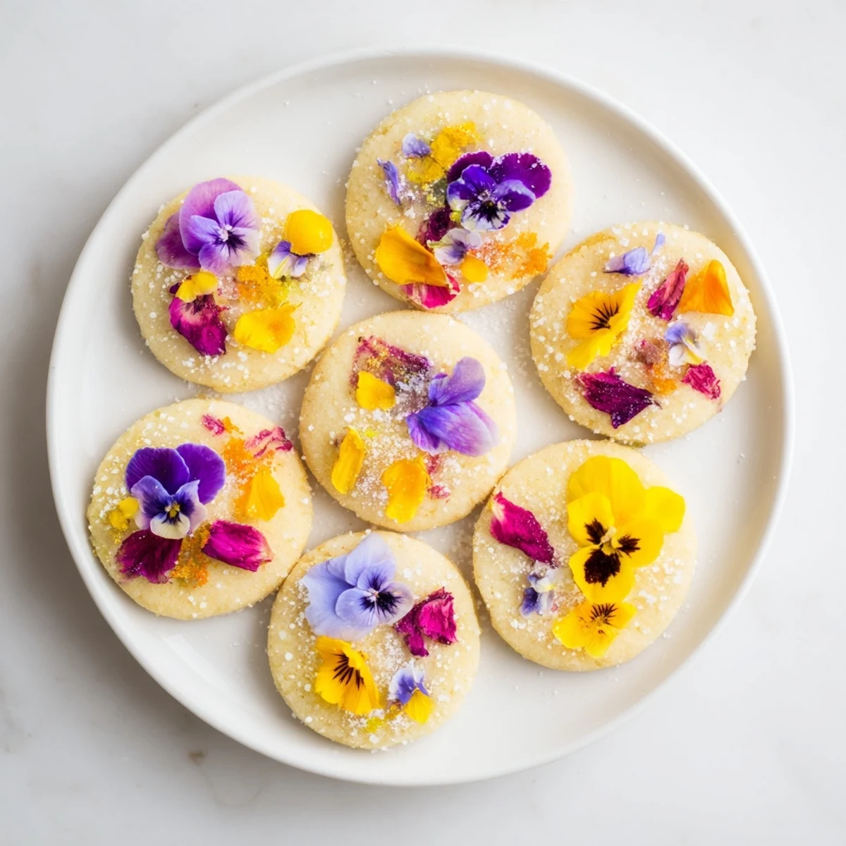 Buttery shortbread cookies decorated with pressed edible flowers and light sugar sprinkling for afternoon tea