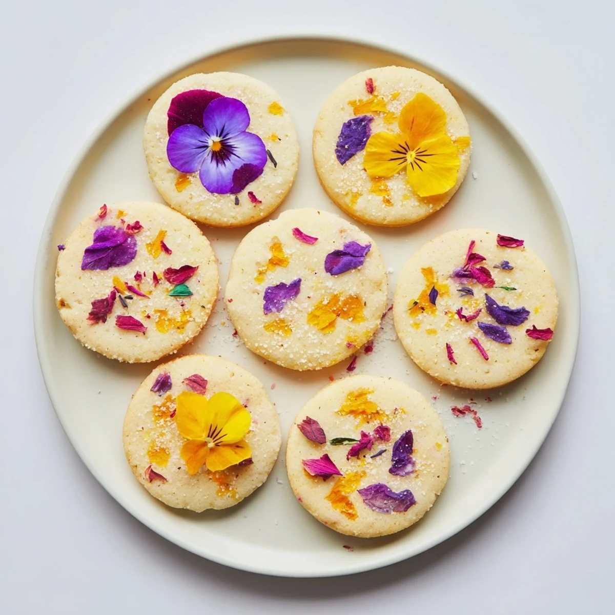 Delicate flower-adorned shortbread cookies baking until golden with violet petals pressed into each round