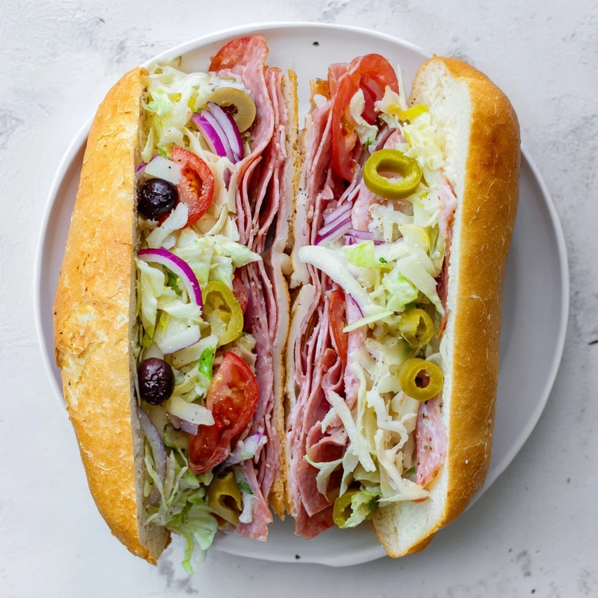 Hearty Italian grinder salad sandwich stuffed with cured meats, cheese and crisp vegetables