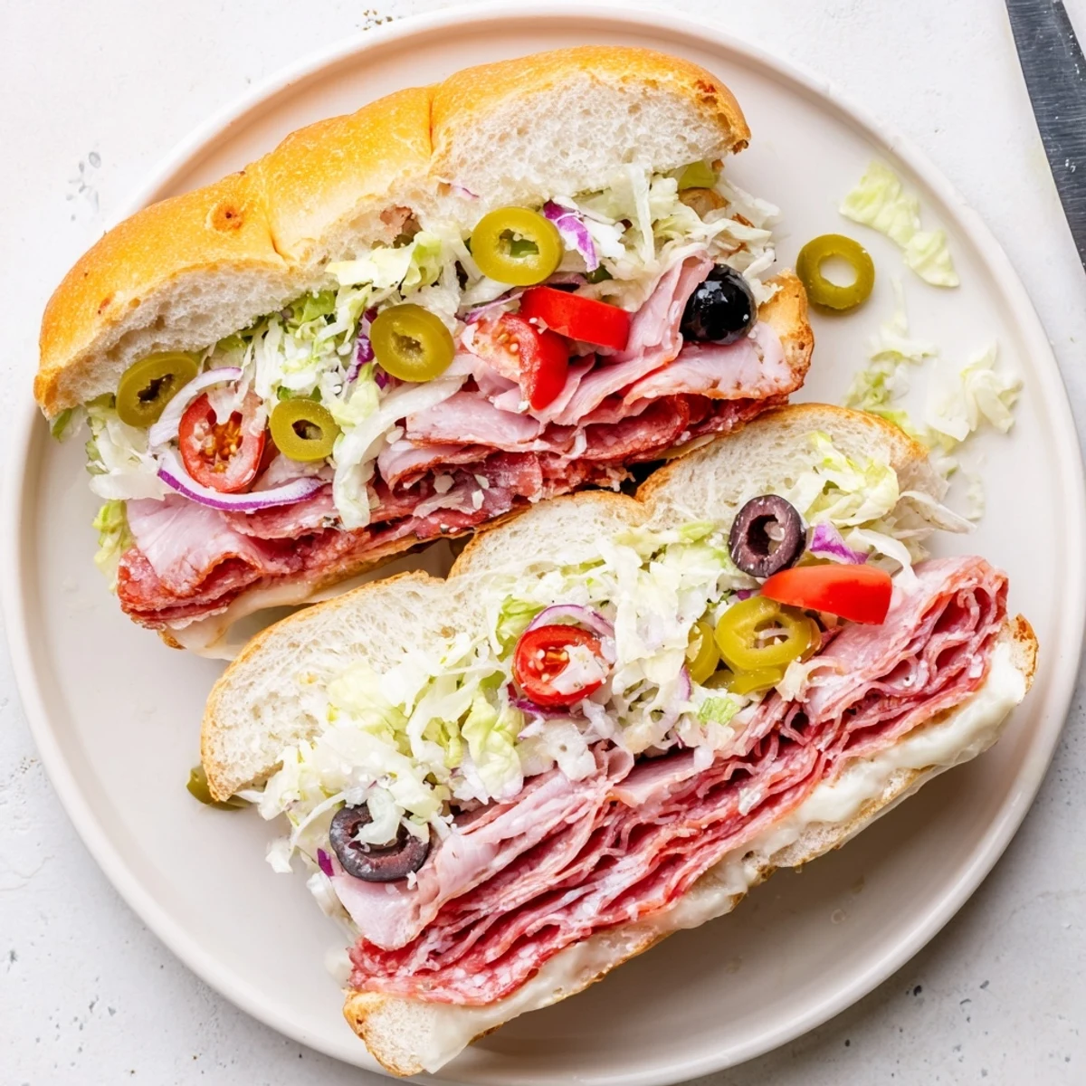 Golden Italian grinder sandwich piled high with deli meats, provolone and tangy salad