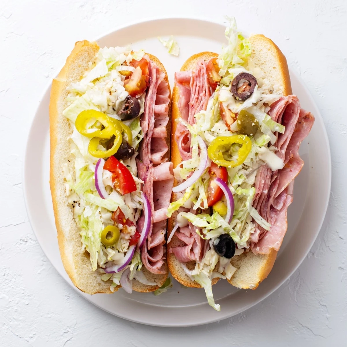 Toasted Italian grinder sandwich overflowing with meat, provolone and creamy dressed salad