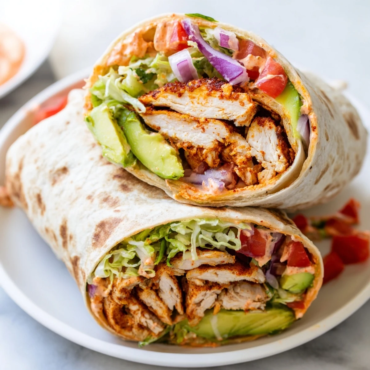 Golden spicy chicken avocado wraps with sliced tender meat, fresh vegetables, and creamy sauce rolled in flour tortillas