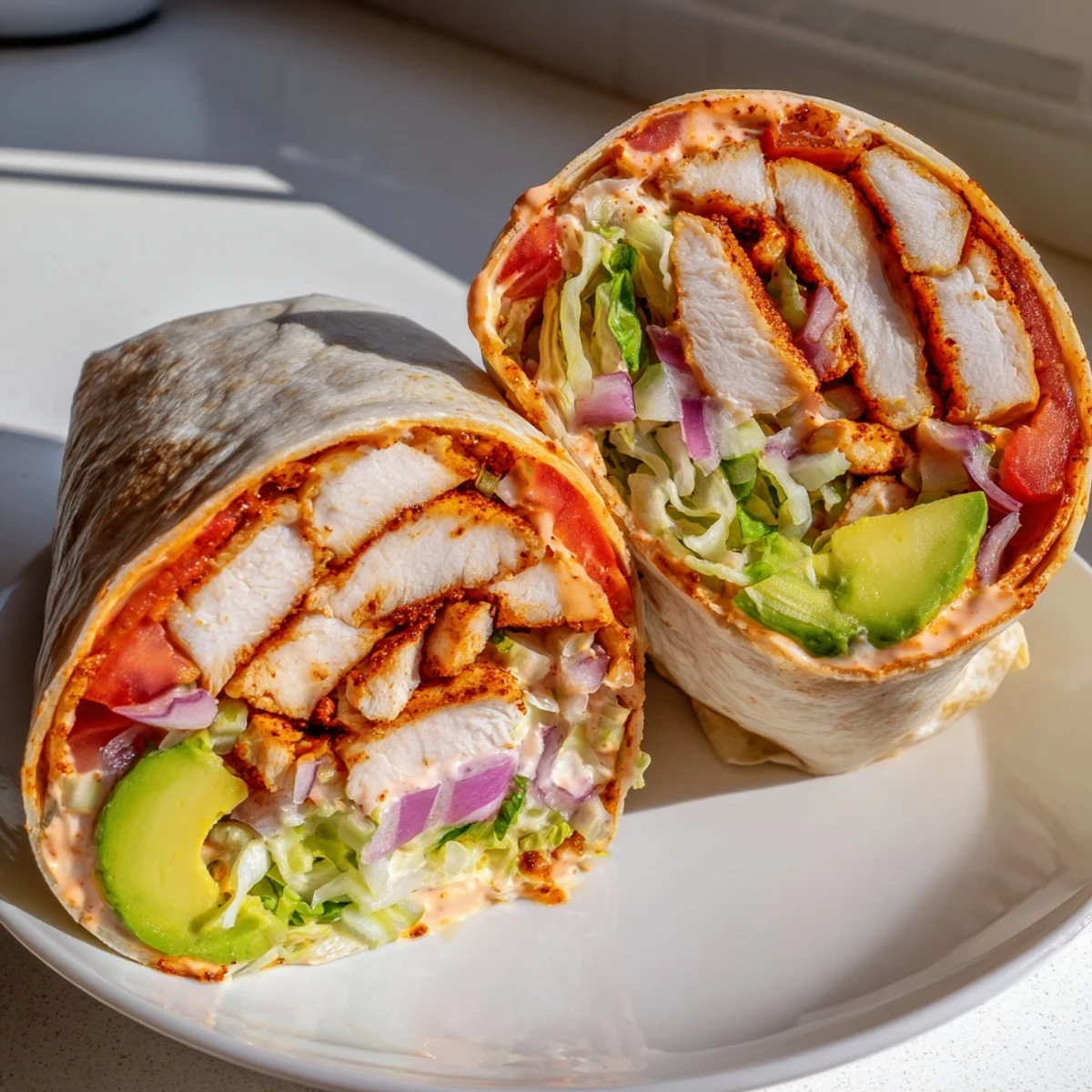Flour tortilla wraps filled with seasoned chicken strips, ripe avocado slices, crisp lettuce, and drizzled spicy mayo sauce