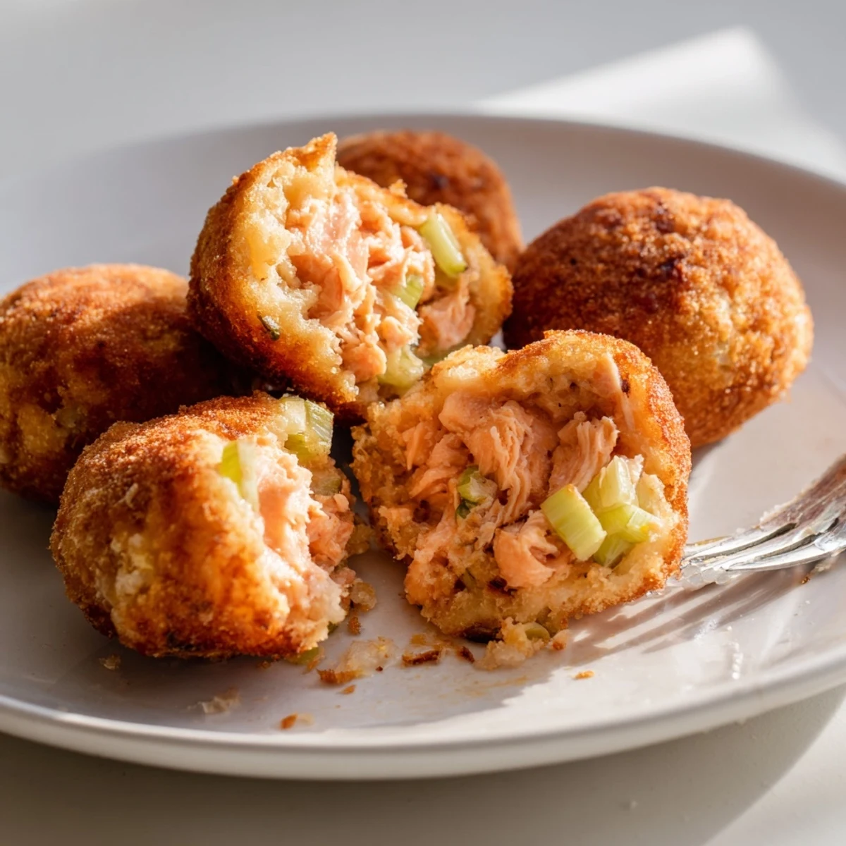 Homemade Southern salmon croquettes served with lemon wedges on a white plate