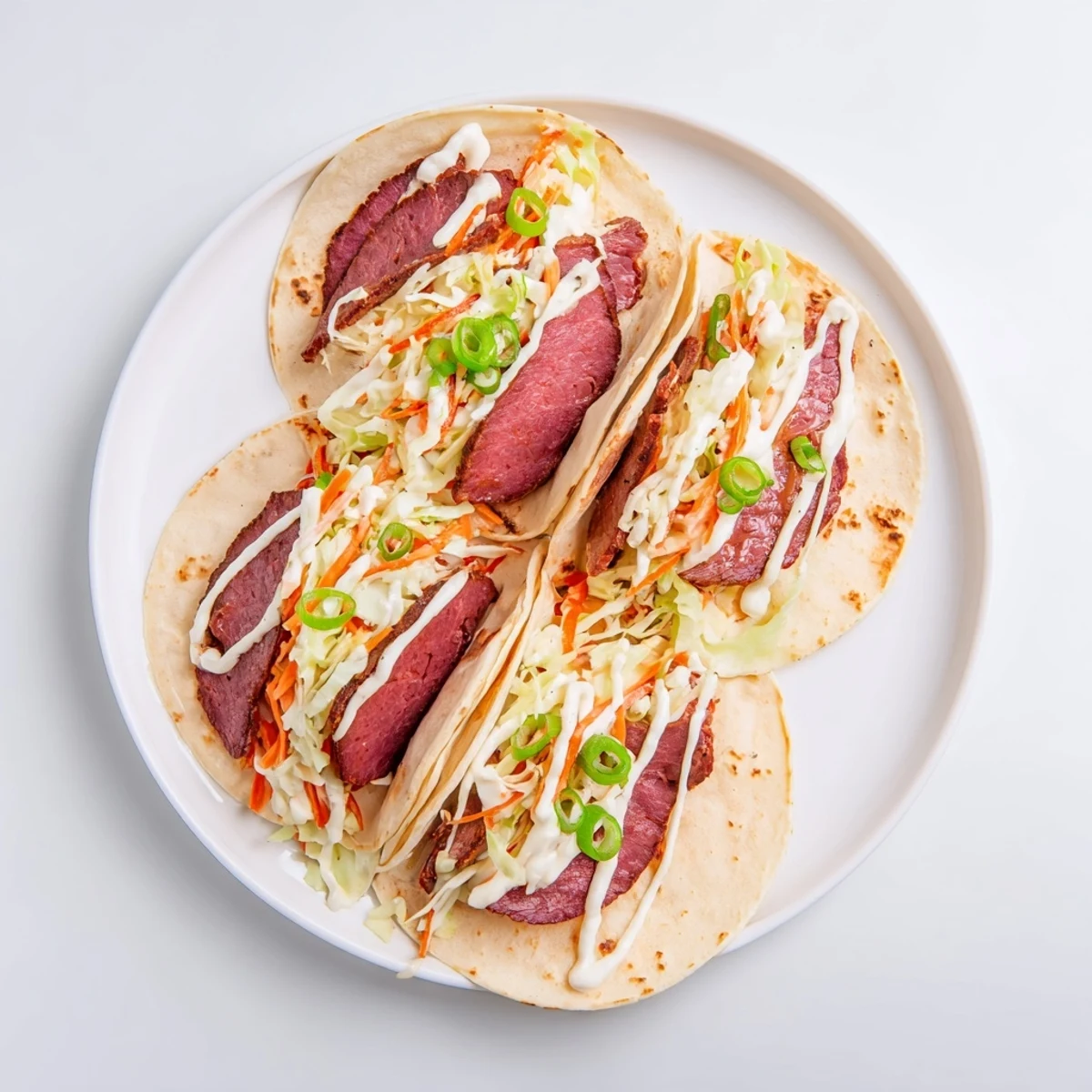 Soft flour tortillas filled with tender corned beef and crisp cabbage slaw drizzled with creamy horseradish sauce