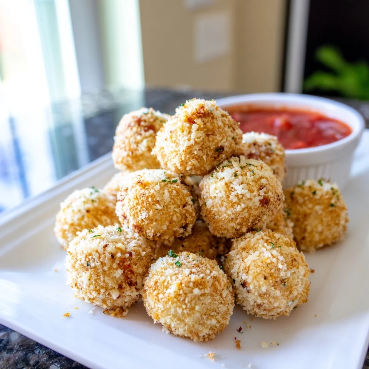 Crispy Italian mozzarella cheese balls arranges on platter for party appetizer spread