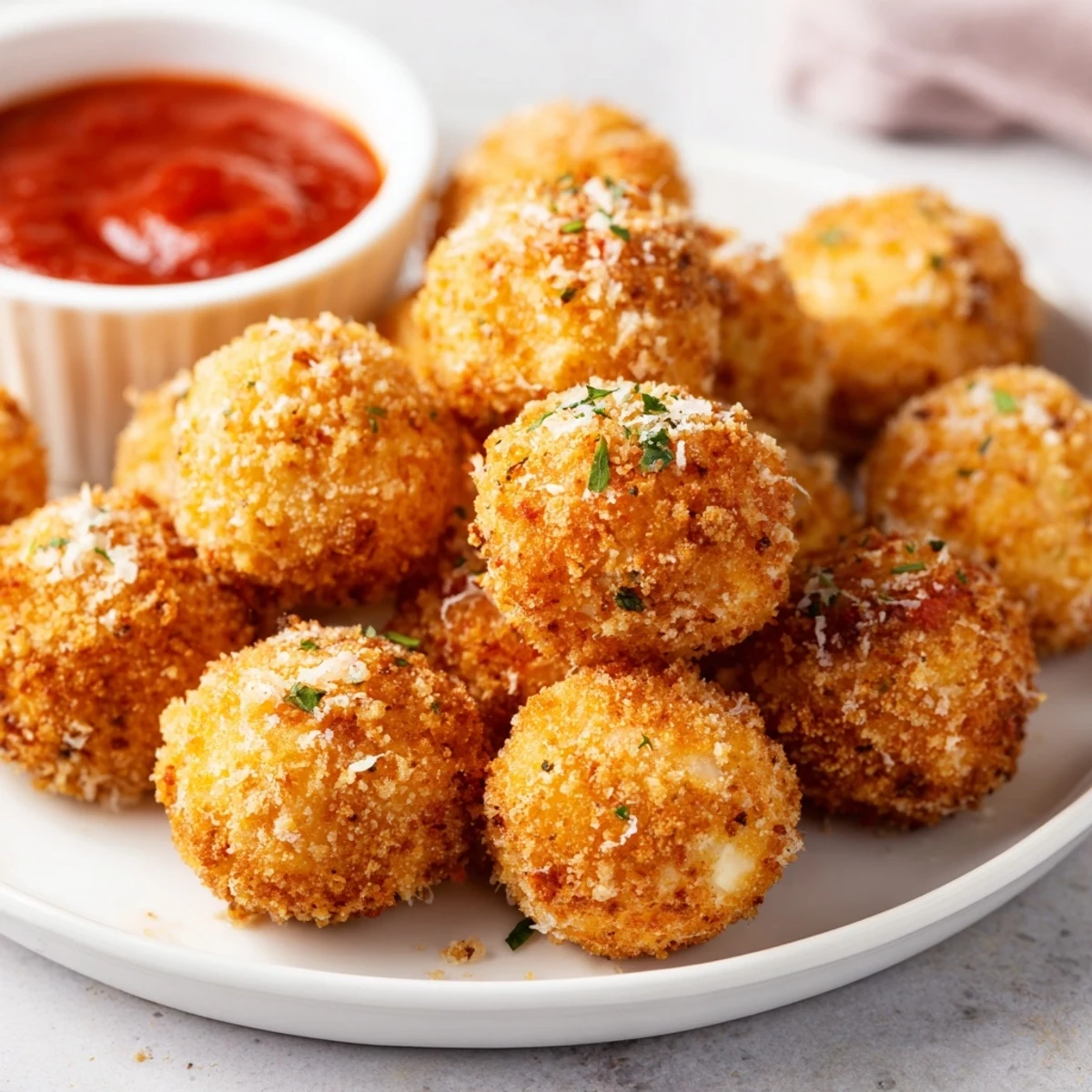 Hot mozzarella cheese balls served on white plate with marinara dipping sauce