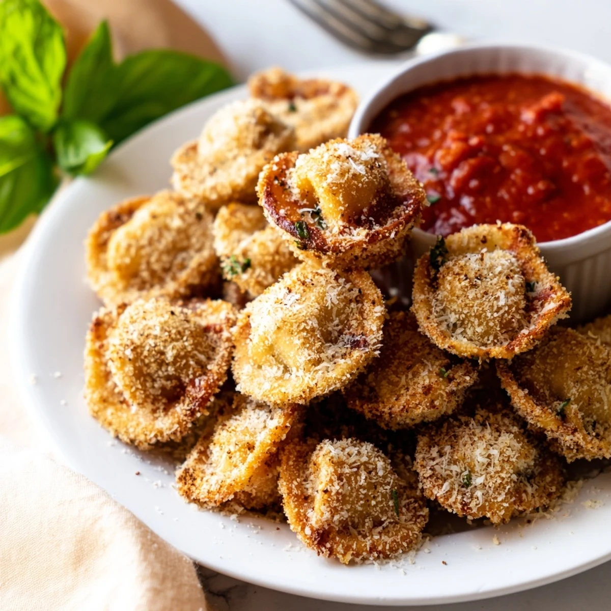 Italian-style crispy tortellini arranged on a white plate with fresh basil garnish and red dipping sauce