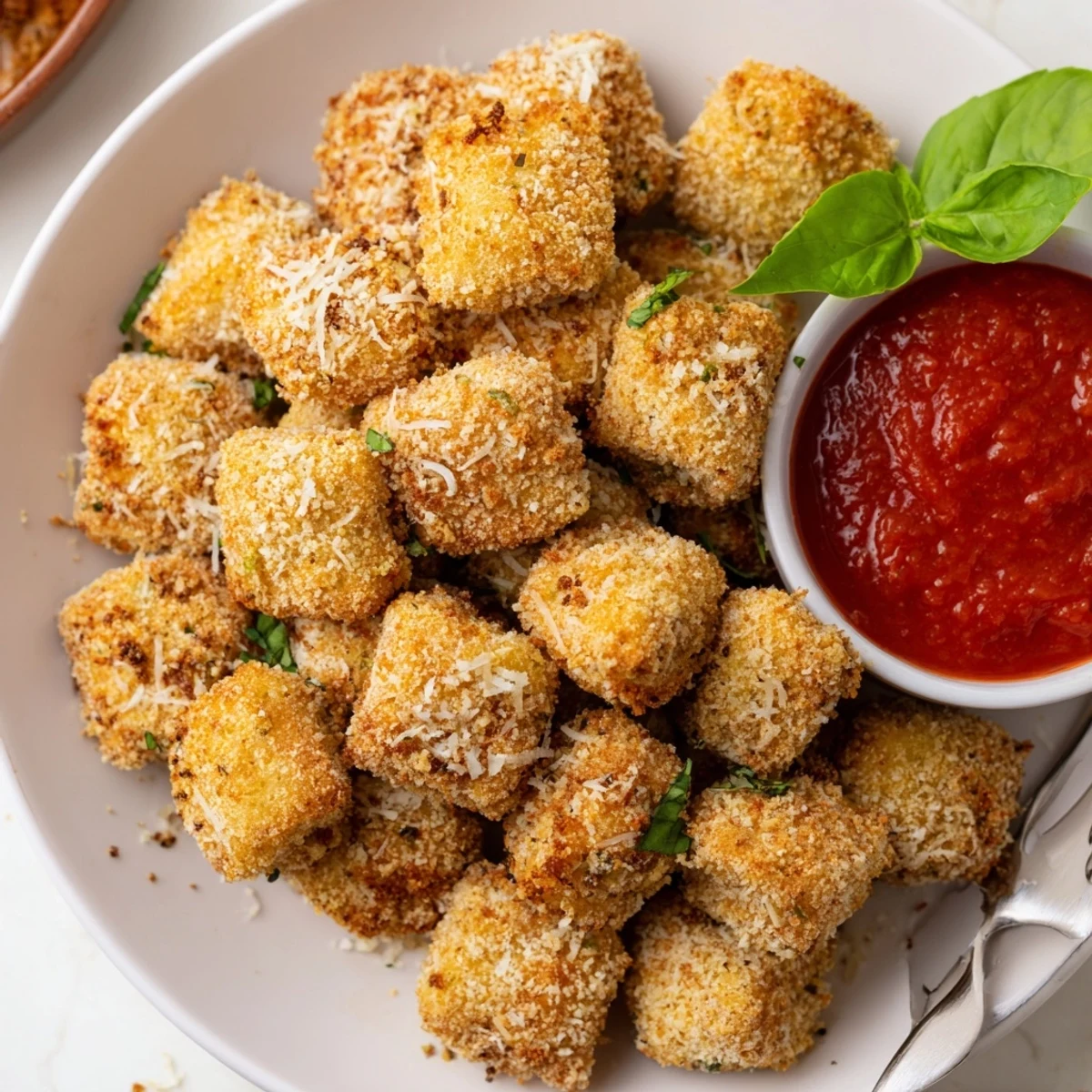 Golden air fryer tortellini with crispy parmesan breadcrumb coating served alongside warm marinara sauce