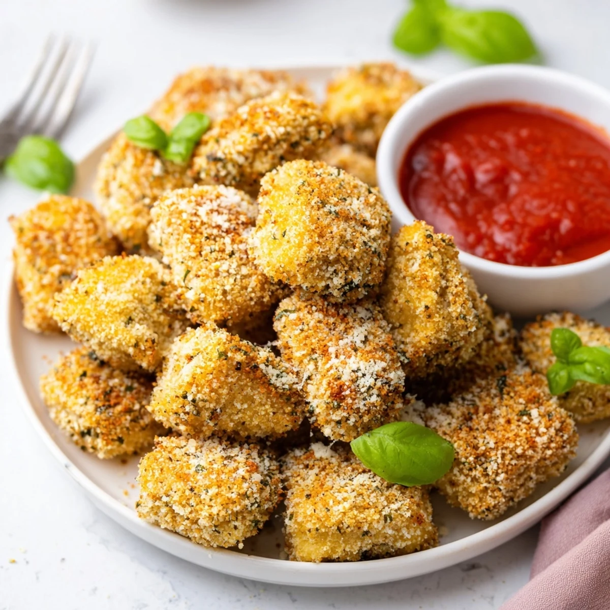 Bite-sized air fryer tortellini appetizers featuring golden brown panko crust and steamy marinara for dipping